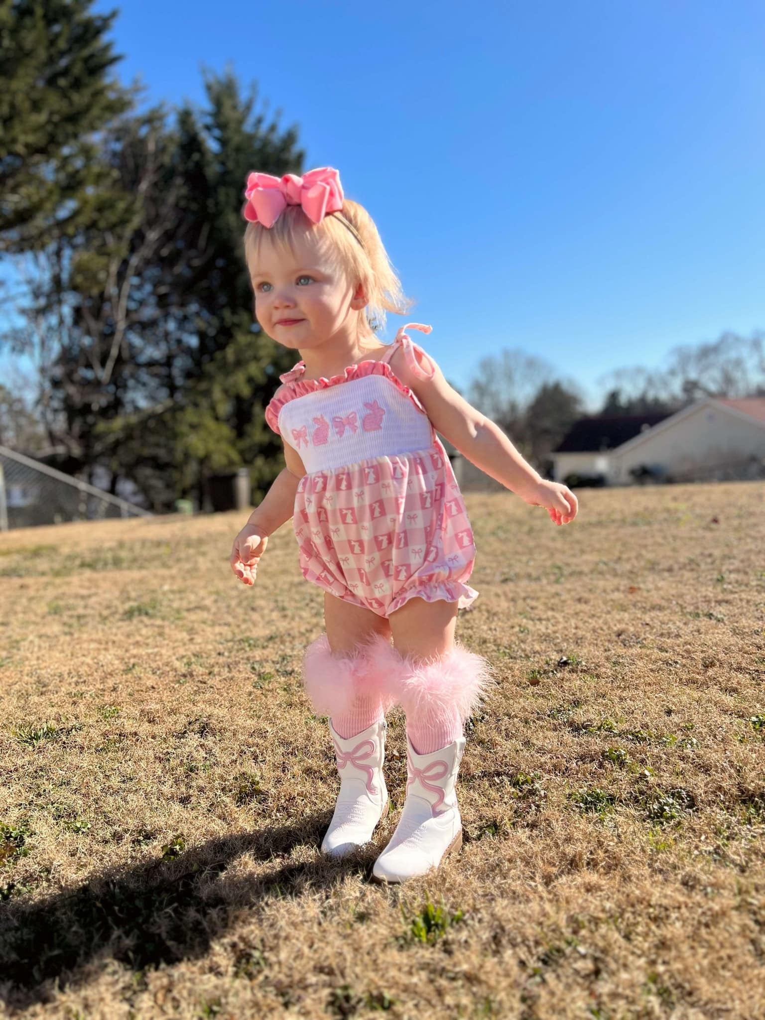Smocked bunny bows tie romper