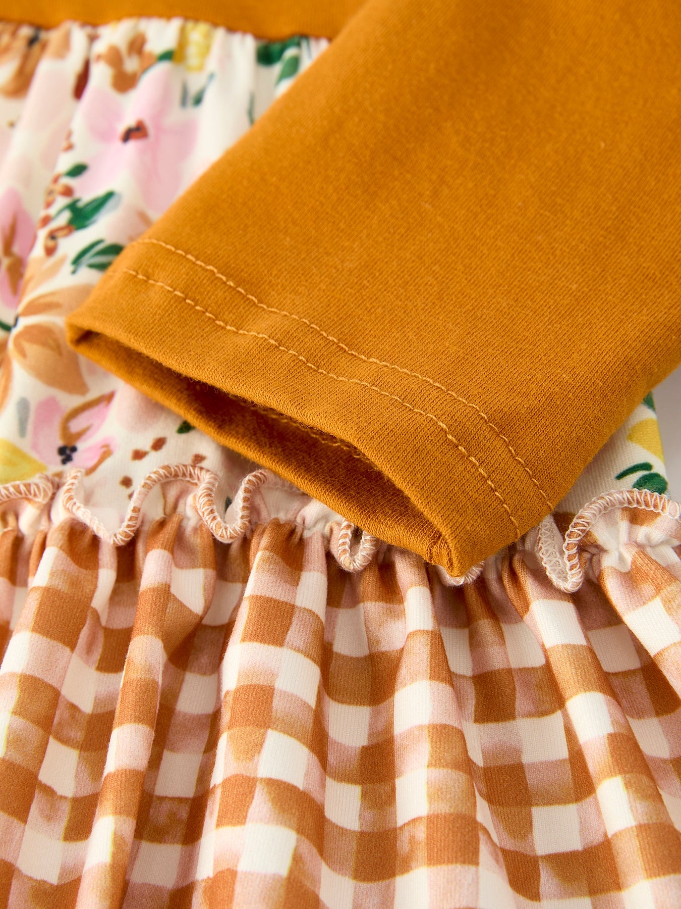 Autumn Patchwork Floral & Plaid Long Sleeve Girls Dress