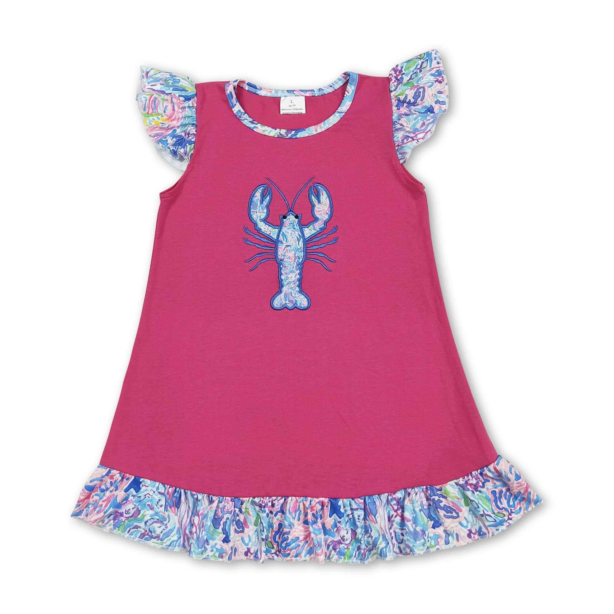 Hot pink crawfish watercolor seaweed ruffle girls dresses