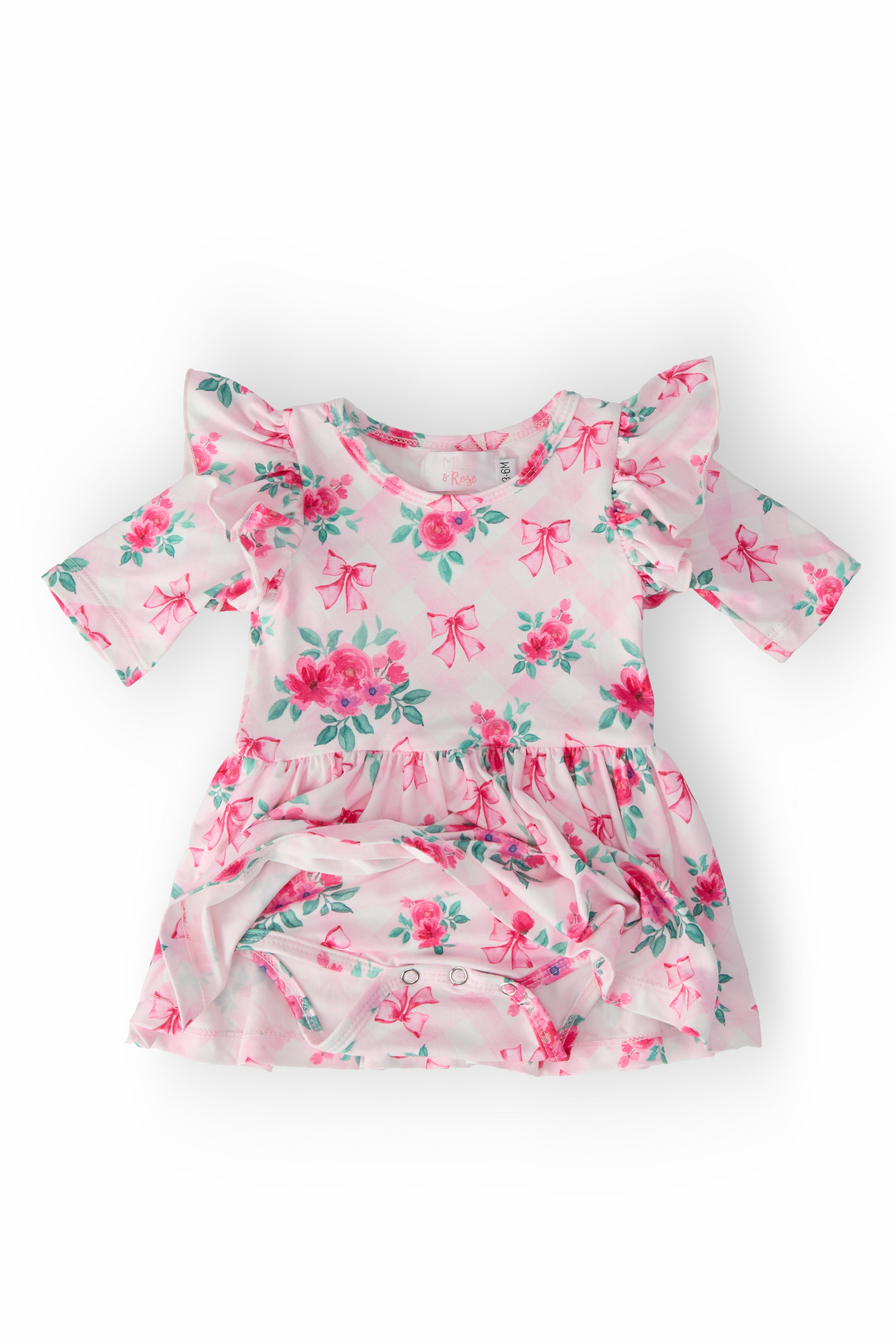 Gingham Bows 3/4 Sleeve Flutter Twirl Bodysuit