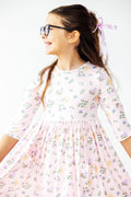 Pastel Petals 3/4 Sleeve Pocket Twirl Dress