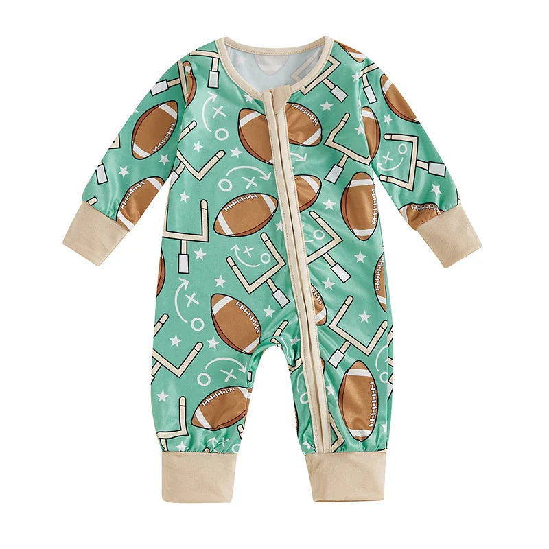 Baby Boy Long Sleeve Romper Football Print Front Zipper Jumpsuit Fall