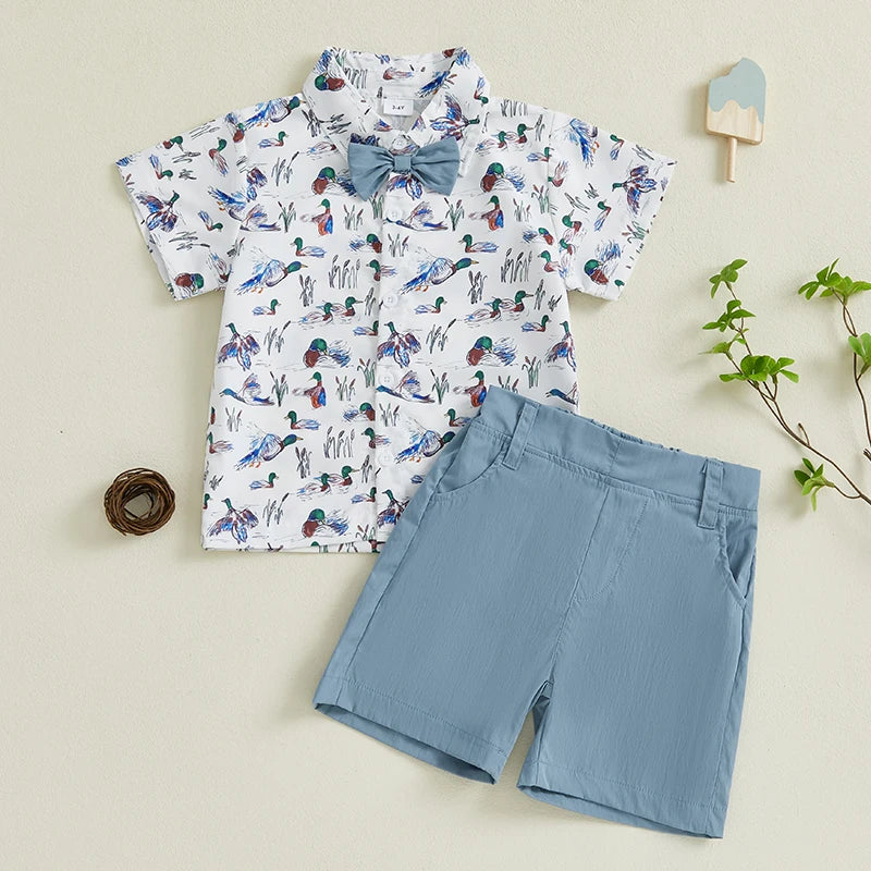 Baby Boy Dinosaur Print Short Sleeve Collared Shirt with Denim Shorts 2Pcs Set