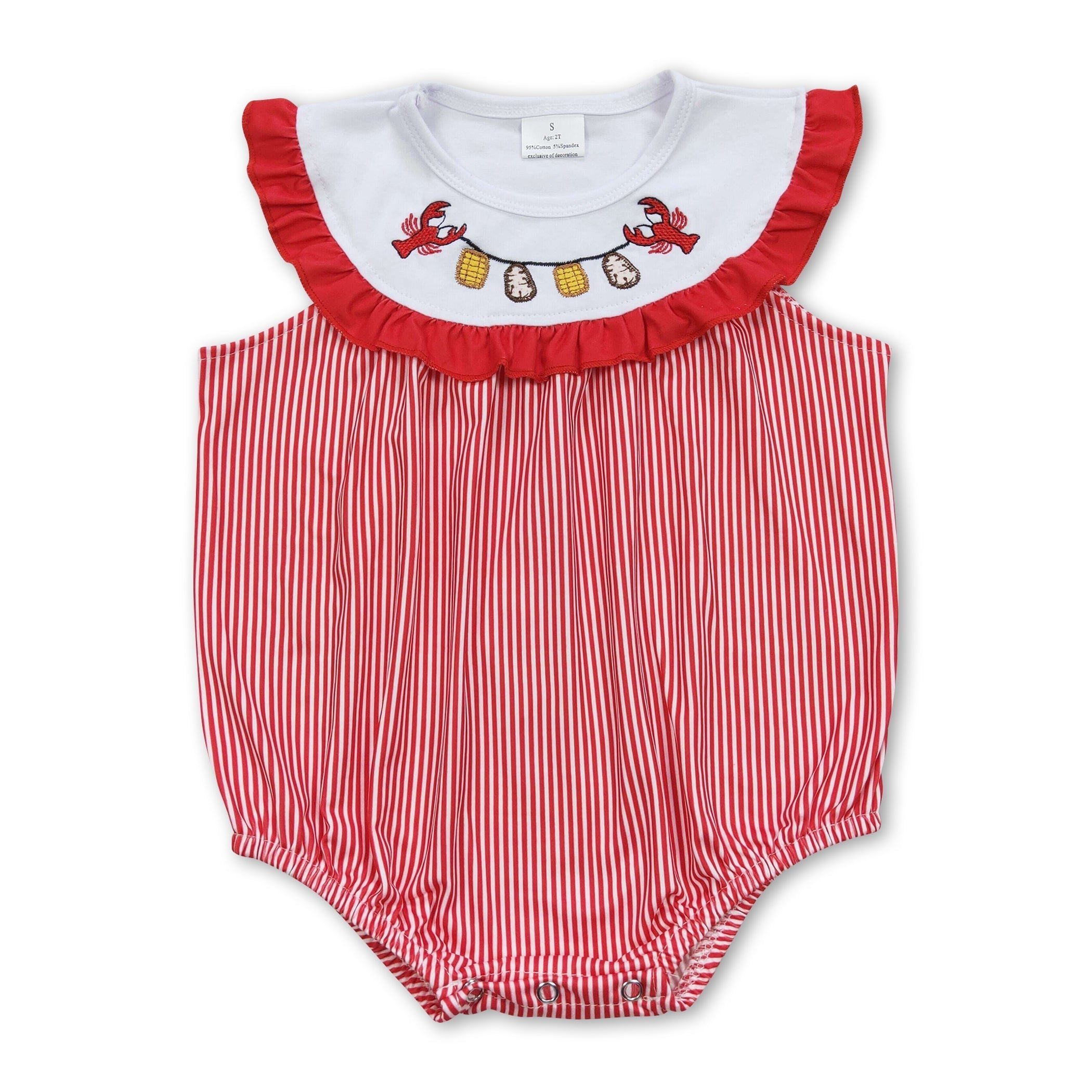 Crawfish corn embroidery stripe baby girls romper