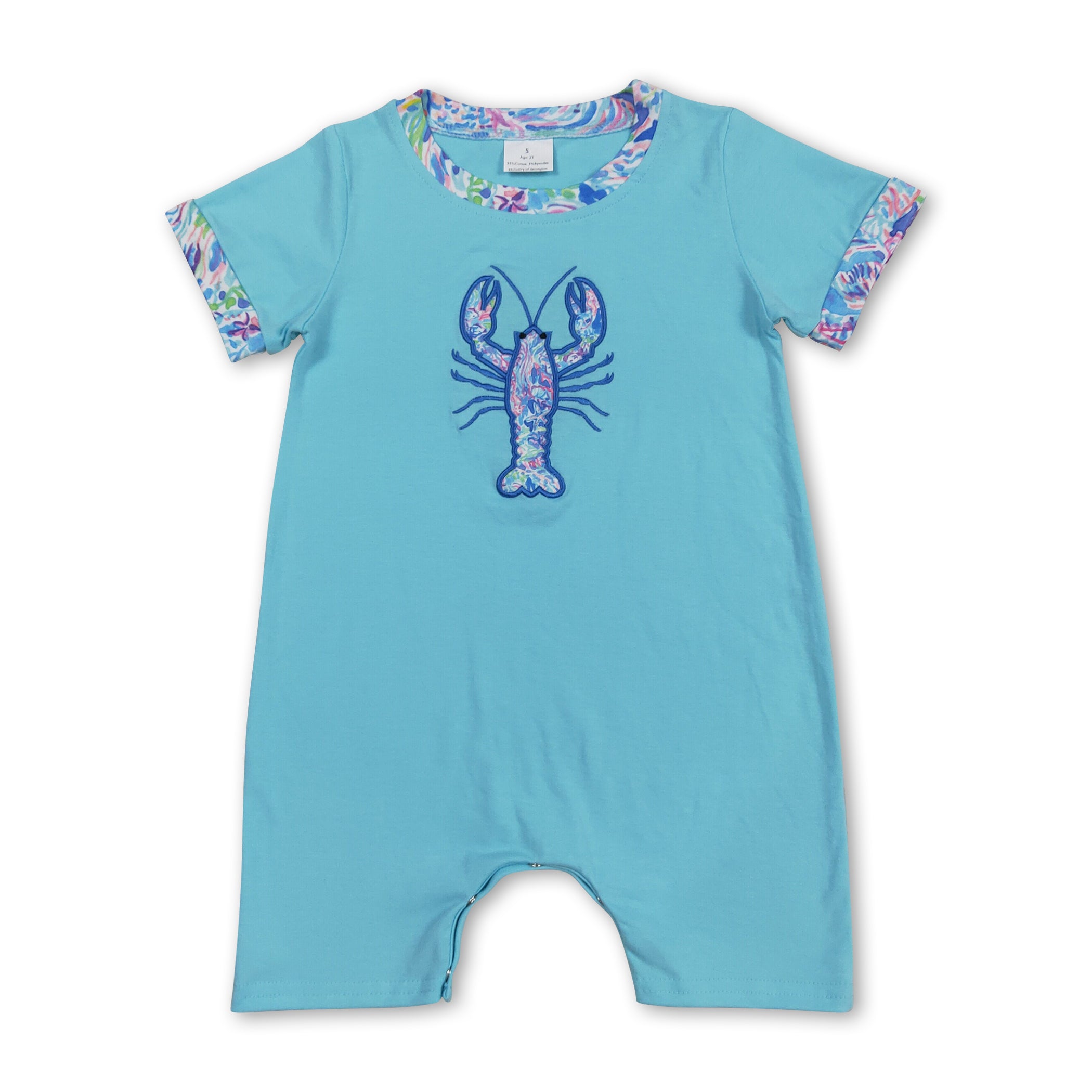 Light blue watercolor crawfish baby boy summer romper