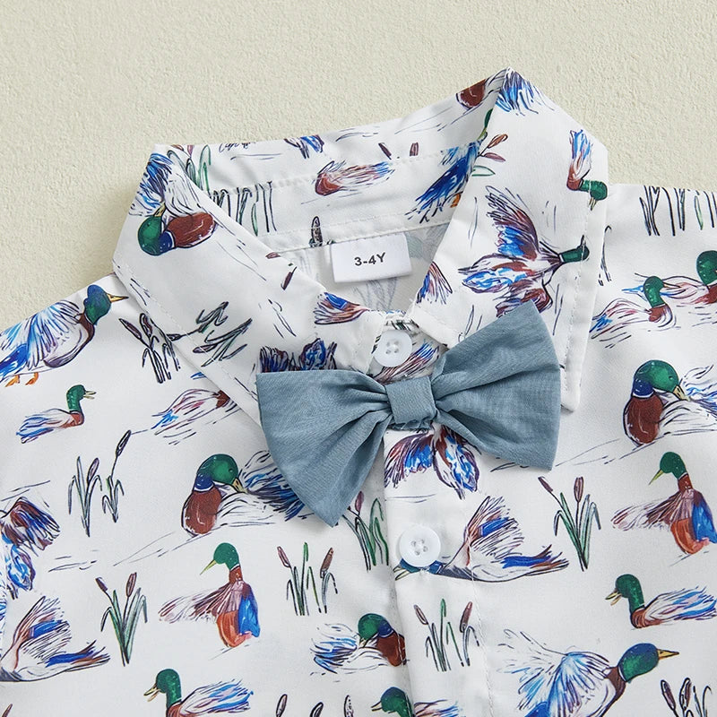 Baby Boy Dinosaur Print Short Sleeve Collared Shirt with Denim Shorts 2Pcs Set