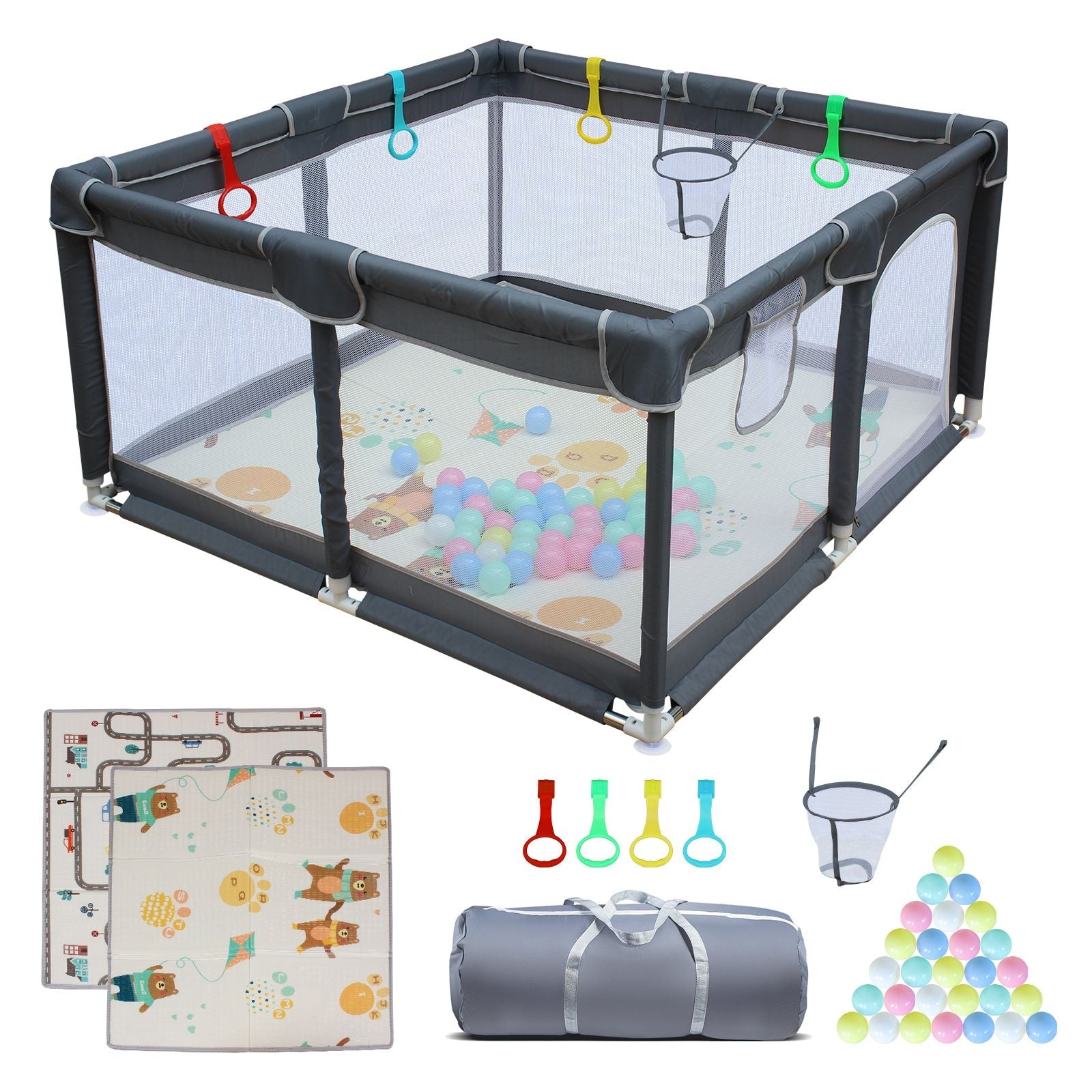 47"*47" Outdoor Fences Baby Playard Cloth Playpen Removable Enclosures for Indoor and Outdoor Use Care for Children and Pets With Playen Foldable Playmat Ocen Balls Handholds Basketball Hoop