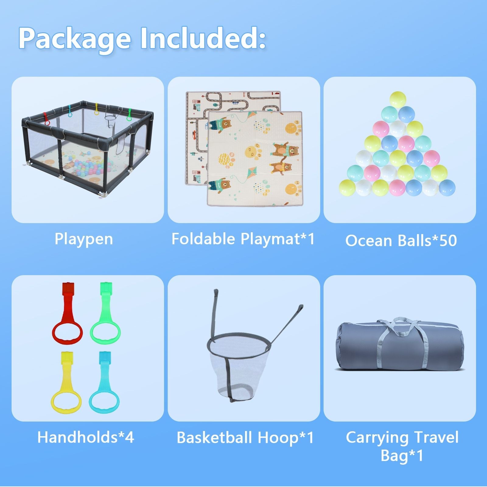 47"*47" Outdoor Fences Baby Playard Cloth Playpen Removable Enclosures for Indoor and Outdoor Use Care for Children and Pets With Playen Foldable Playmat Ocen Balls Handholds Basketball Hoop
