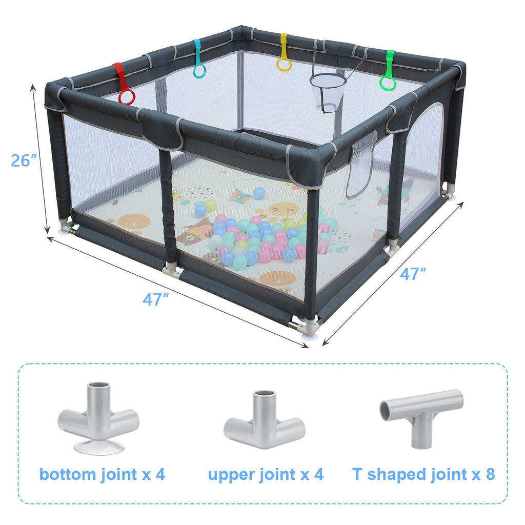 47"*47" Outdoor Fences Baby Playard Cloth Playpen Removable Enclosures for Indoor and Outdoor Use Care for Children and Pets With Playen Foldable Playmat Ocen Balls Handholds Basketball Hoop