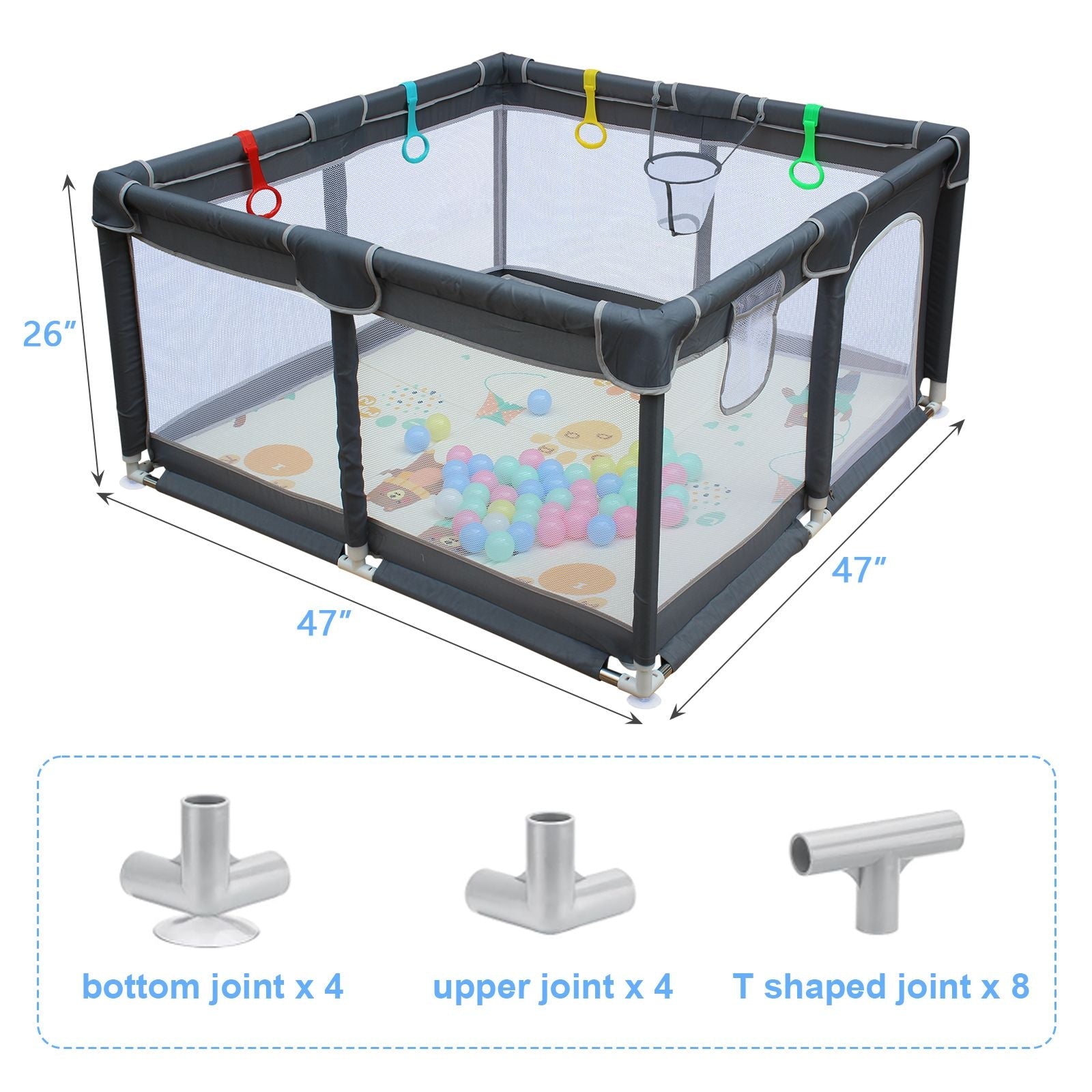 47"*47" Outdoor Fences Baby Playard Cloth Playpen Removable Enclosures for Indoor and Outdoor Use Care for Children and Pets With Playen Foldable Playmat Ocen Balls Handholds Basketball Hoop