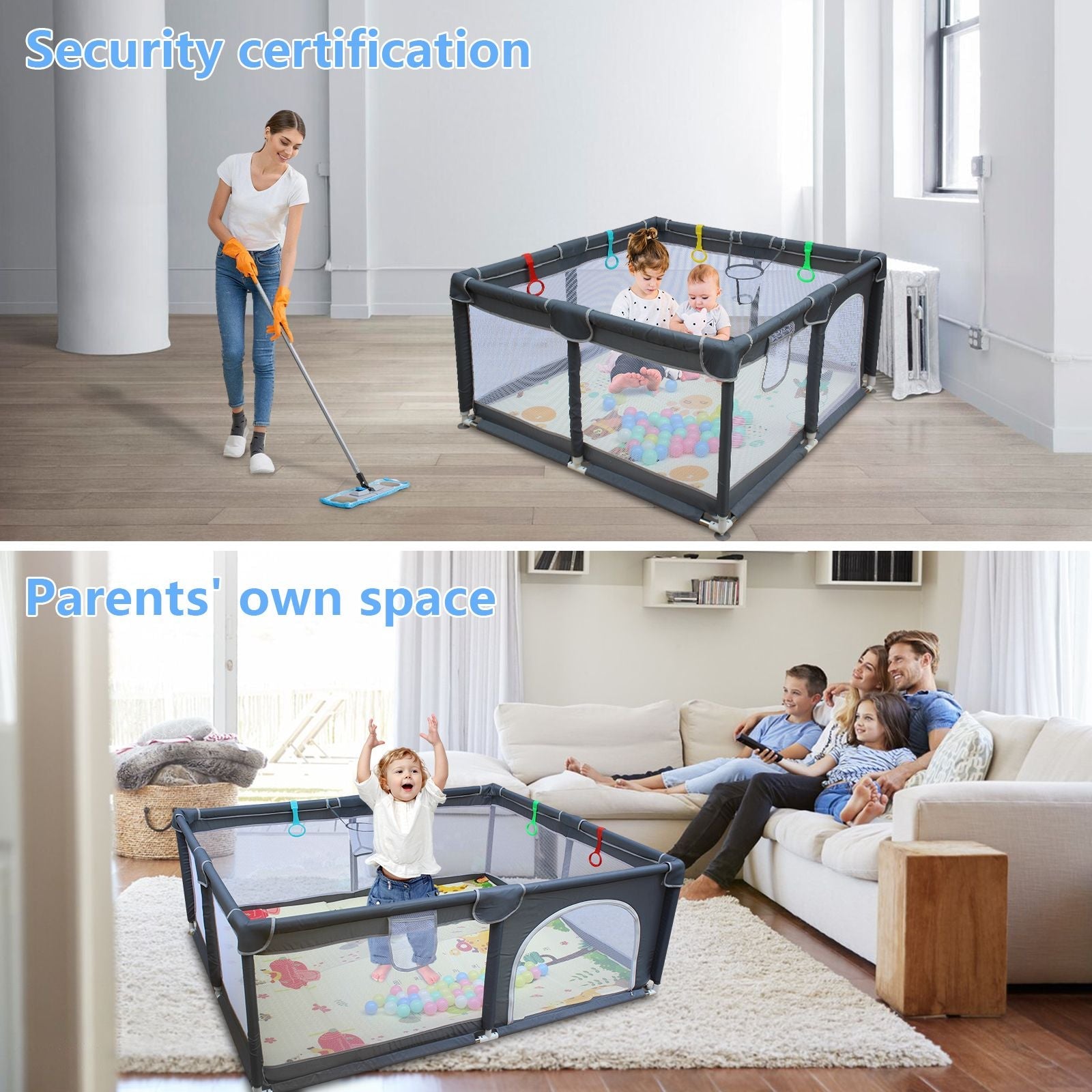 47"*47" Outdoor Fences Baby Playard Cloth Playpen Removable Enclosures for Indoor and Outdoor Use Care for Children and Pets With Playen Foldable Playmat Ocen Balls Handholds Basketball Hoop