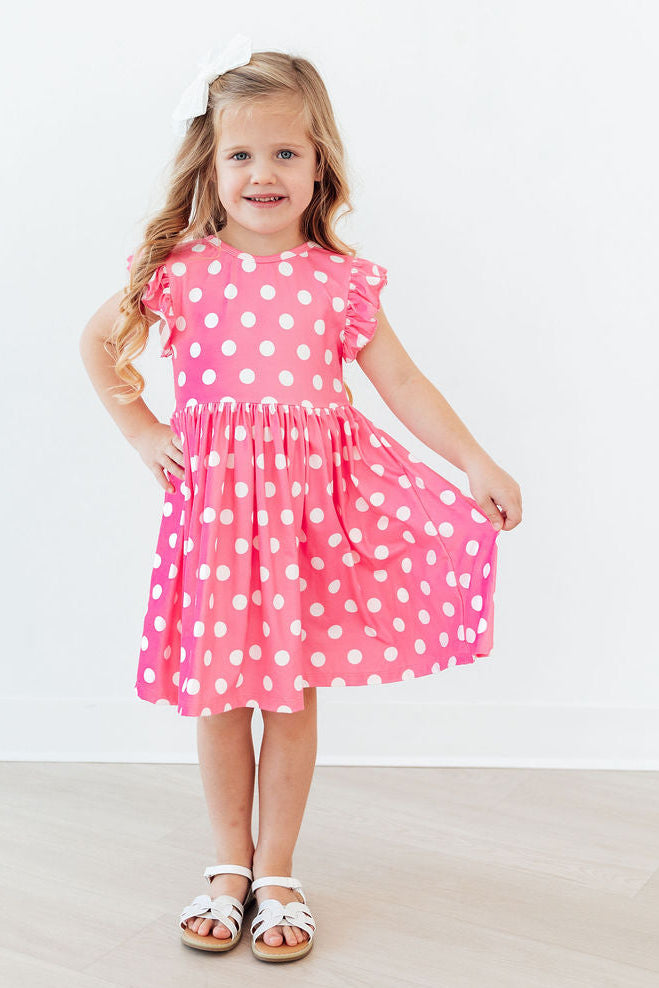 Pink Polka Dots Flutter Sleeve Twirl Dress