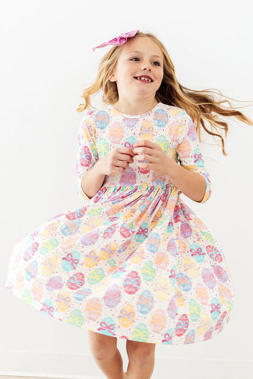 Egg-stra Cute 3/4 Sleeve Pocket Twirl Dress