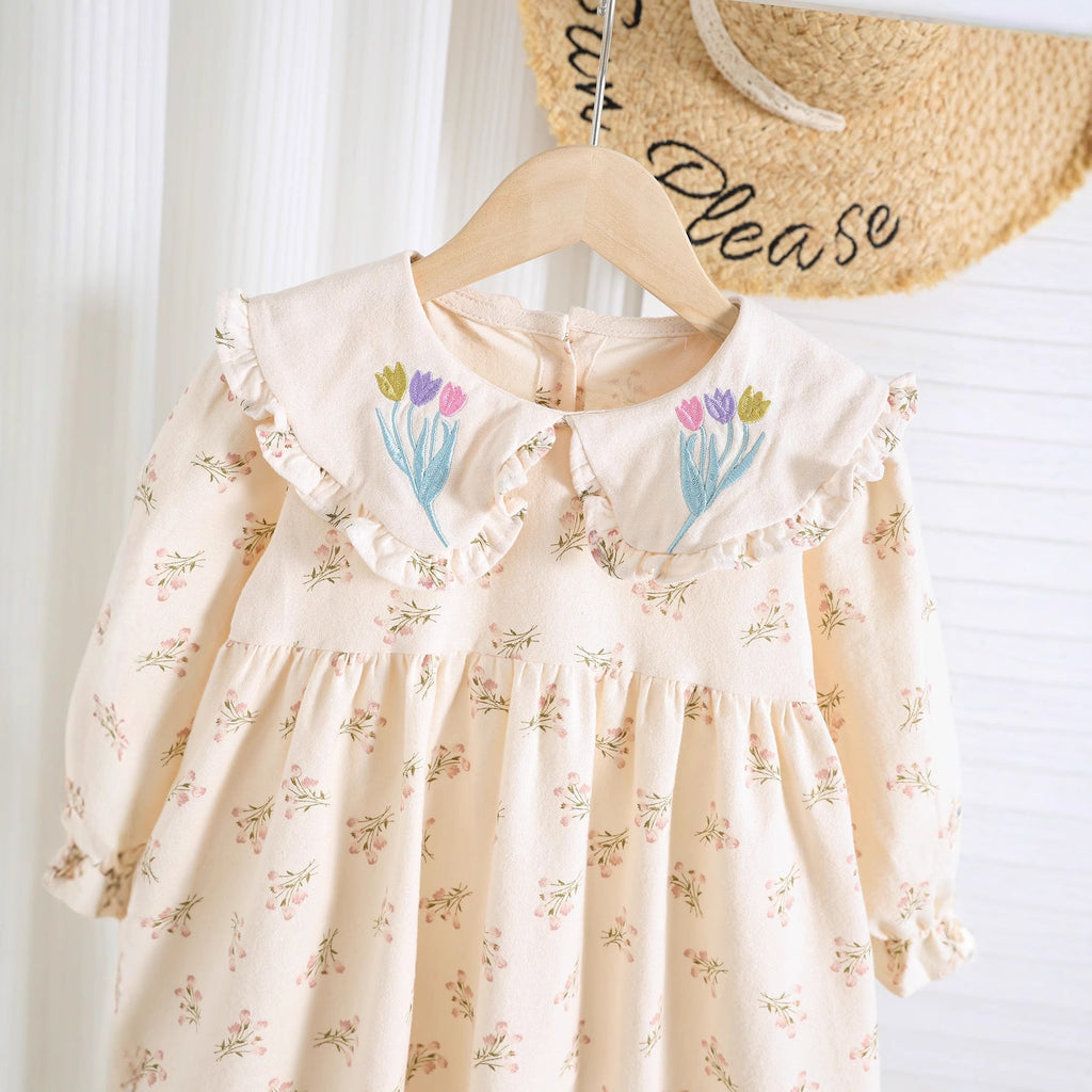 Autumn Arrival Baby Kids Girls Floral Pattern Long Sleeves Dress with