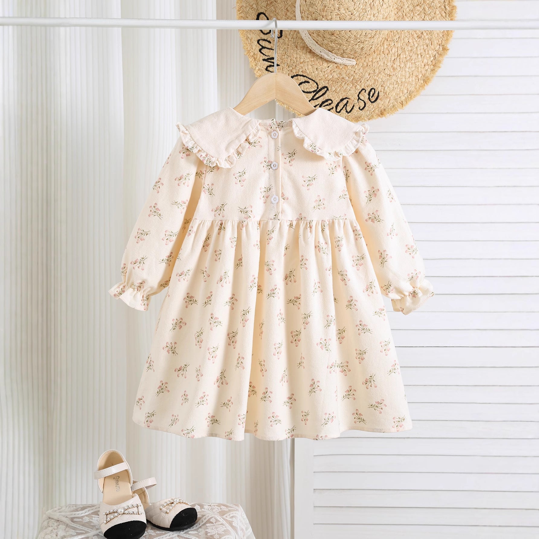 Autumn Arrival Baby Kids Girls Floral Pattern Long Sleeves Dress with