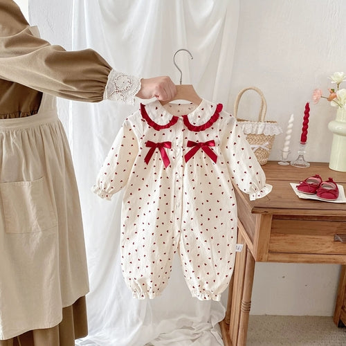 Autumn Arrival Baby Girls Long Sleeves Hearts Pattern Rompers
